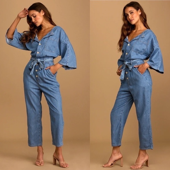 Free People Marley Medium Wash Denim Half Sleeve Jumpsuit - Picture 13 of 13